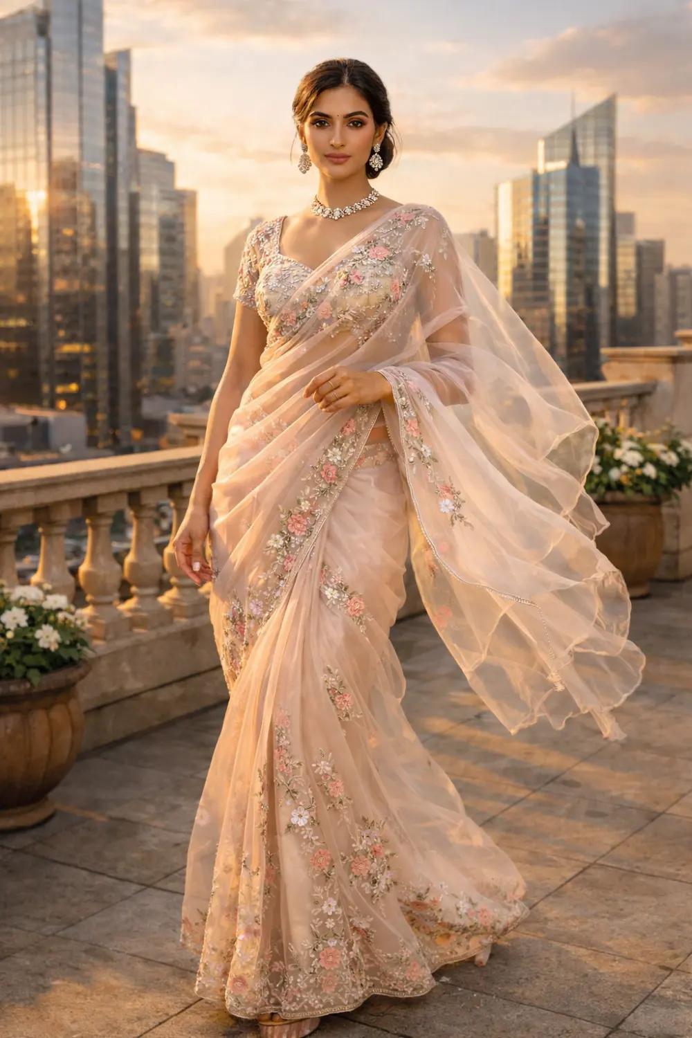 Sheer organza saree with floral embroidery elegant modern Indian saree outfit