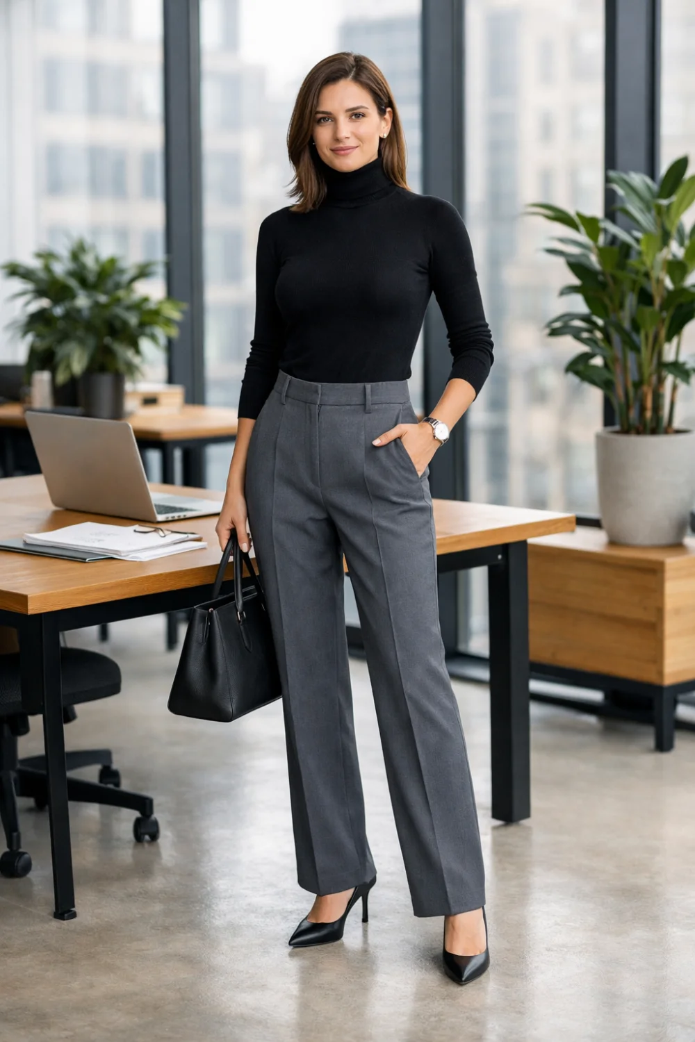 black turtleneck with gray tailored trousers professional office outfit women minimalist workwear