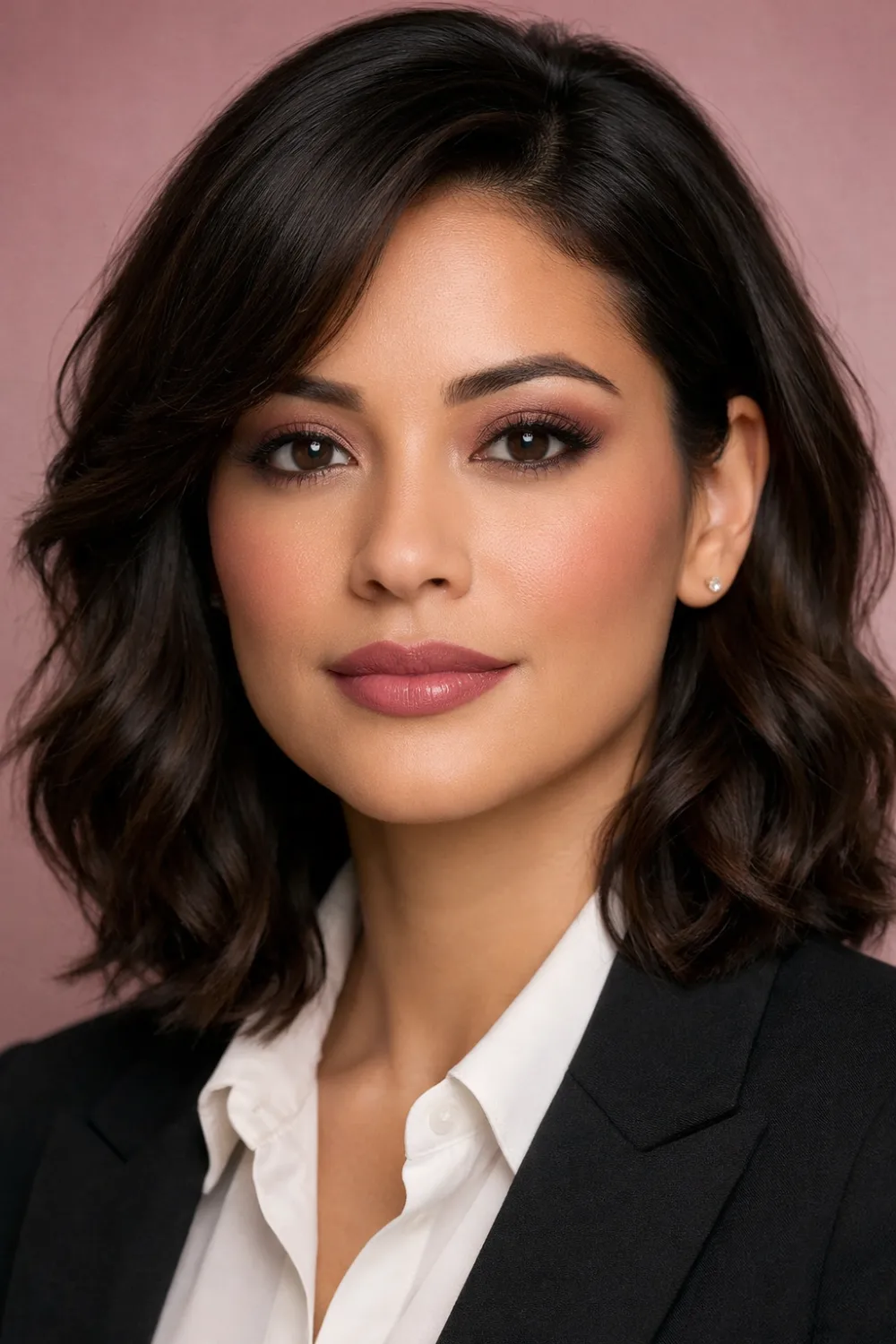 soft rosy formal makeup look for office featuring rosy lipstick, neutral eyeshadow, smooth skin foundation, and defined brows