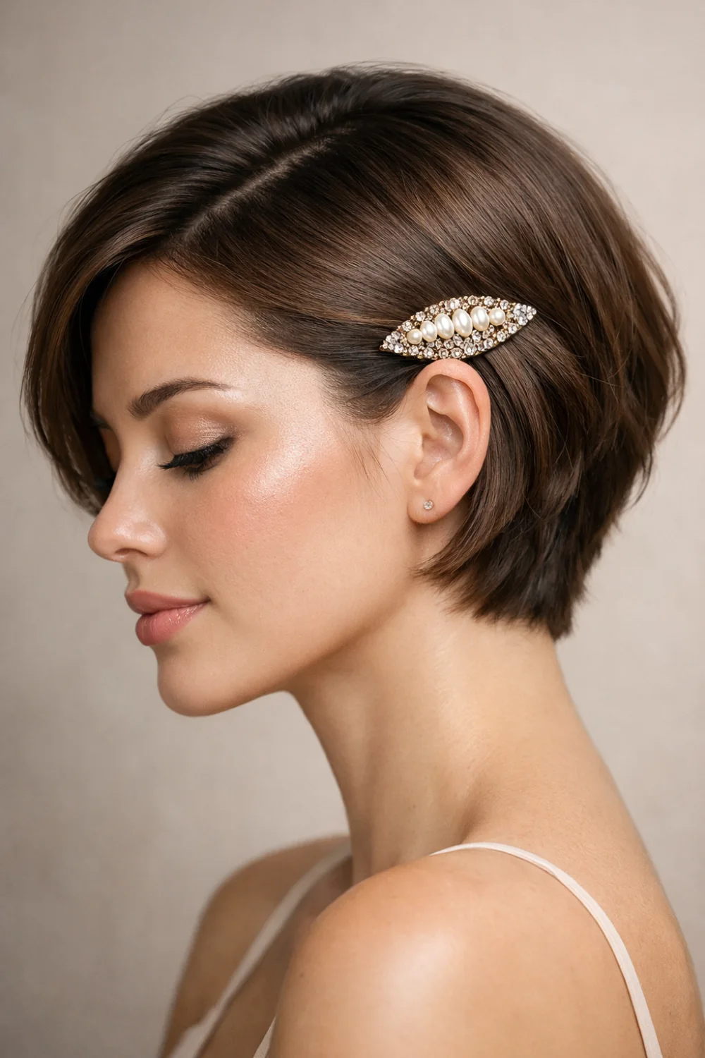 short hairstyle with decorative hair clip elegant stylish short hair women look