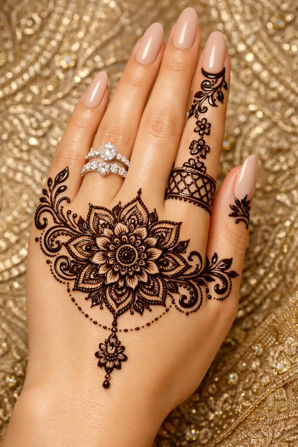 mandala floral mehndi design with detailed petals and dotted chain pattern elegant modern henna style