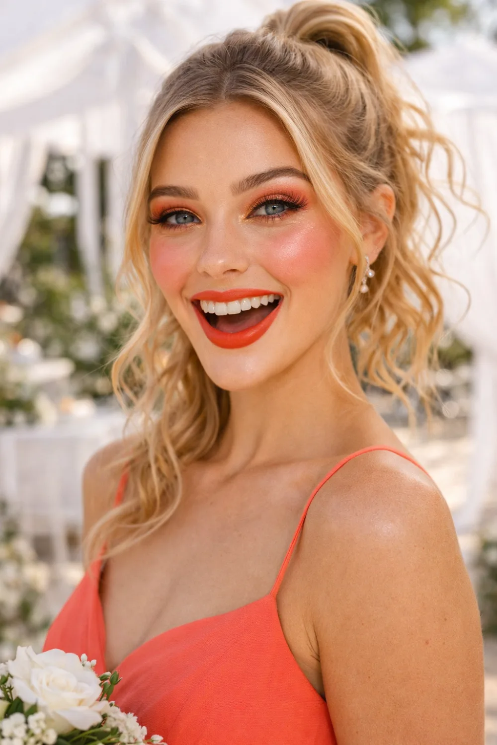 coral bridesmaid makeup fresh summer glow bright glam look