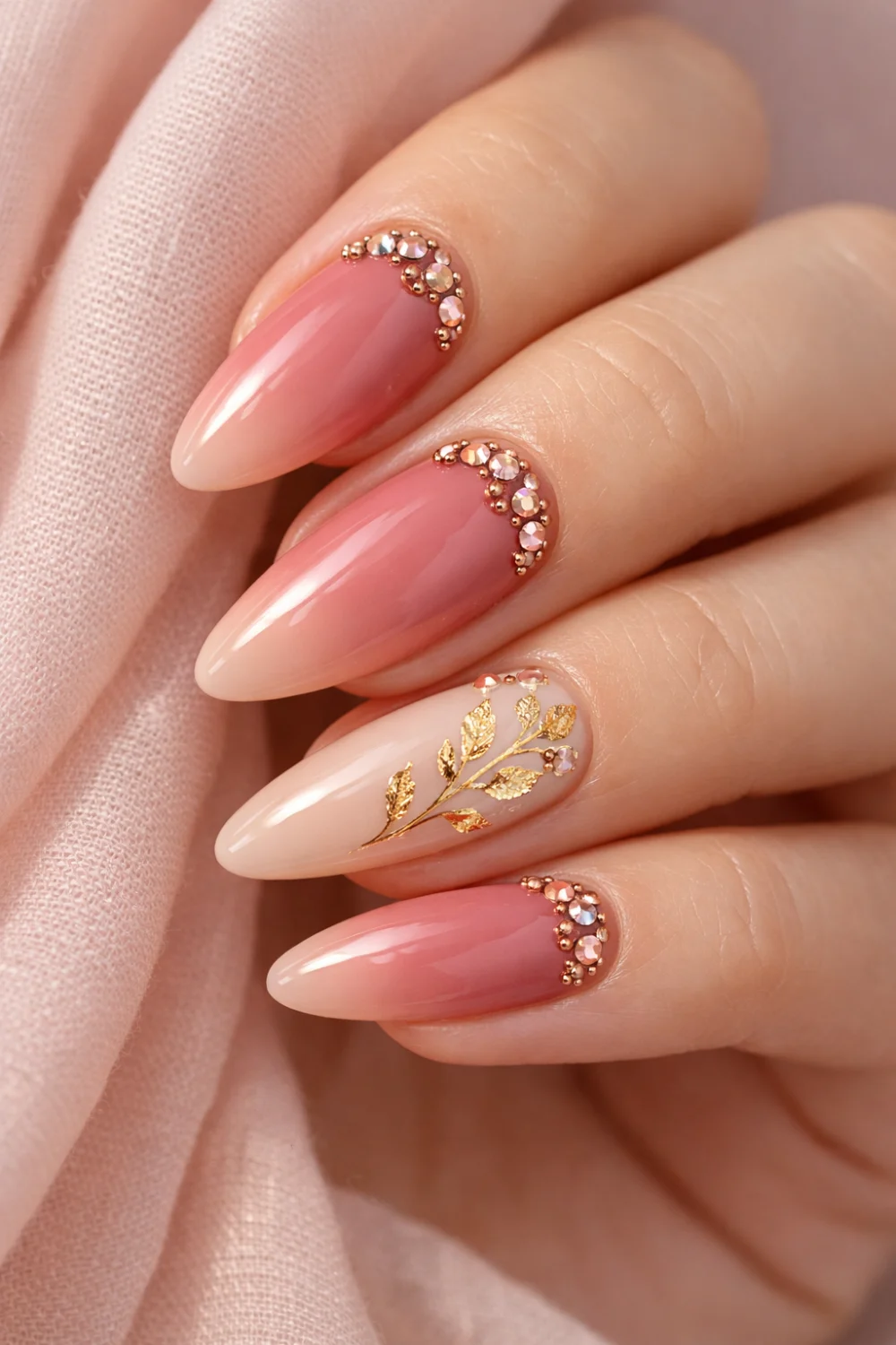 pink ombre nails with rose gold gems and leaf nail art trendy nails