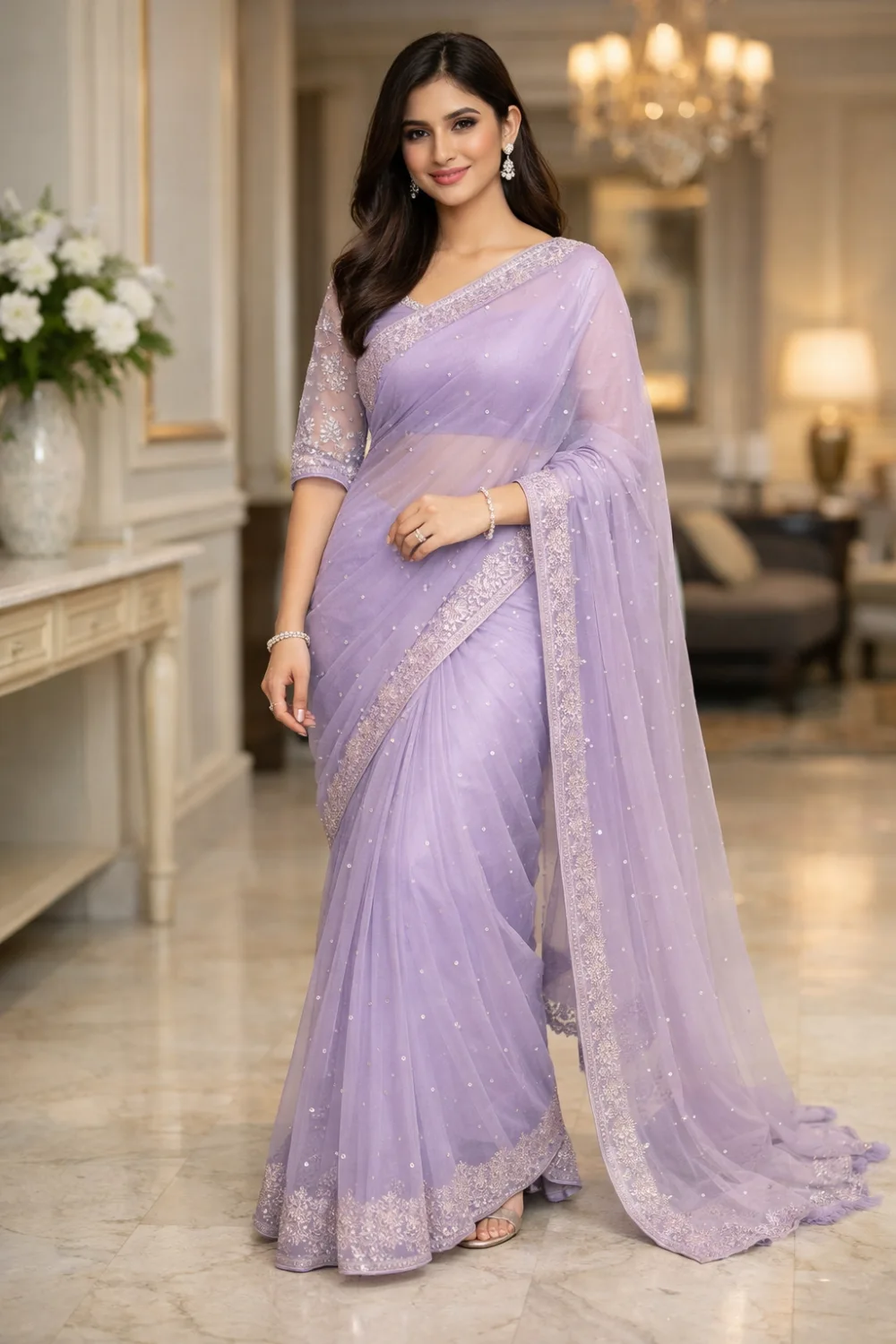 light lavender luxury net saree subtle sparkle graceful wedding guest party wear saree outfit