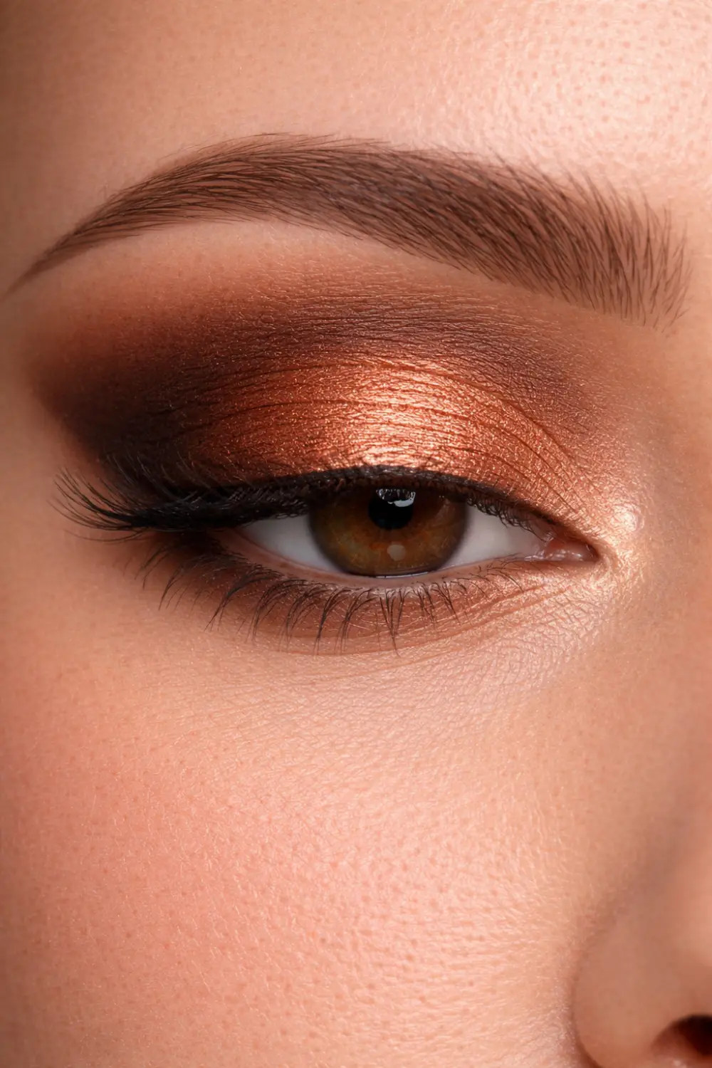 Copper shimmer eyeshadow look for brown eyes close up with metallic copper lid and blended brown crease glam makeup inspiration