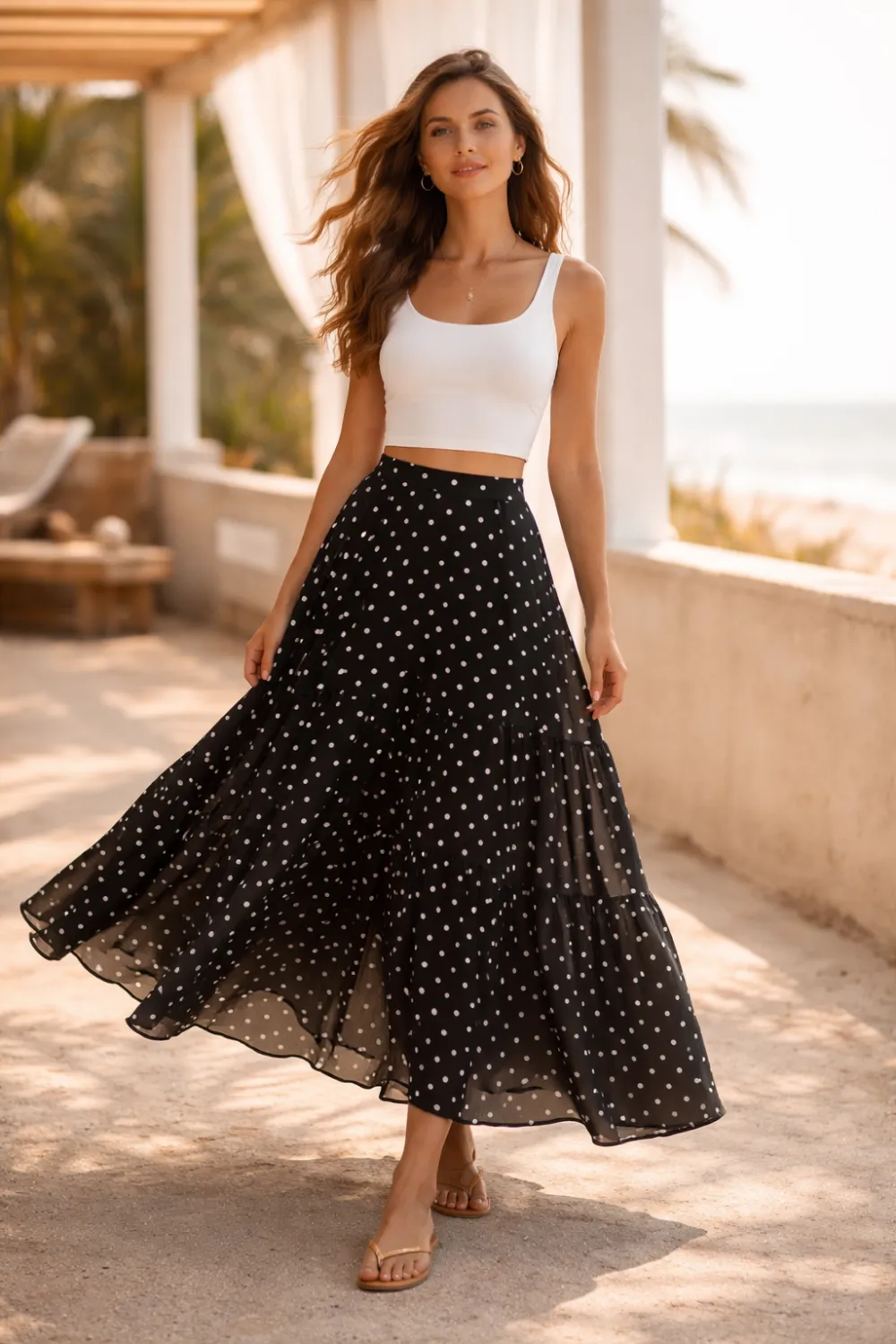 woman wearing flowing black polka dot maxi skirt with white crop top, breezy summer outfit with beach vacation style and relaxed feminine fashion