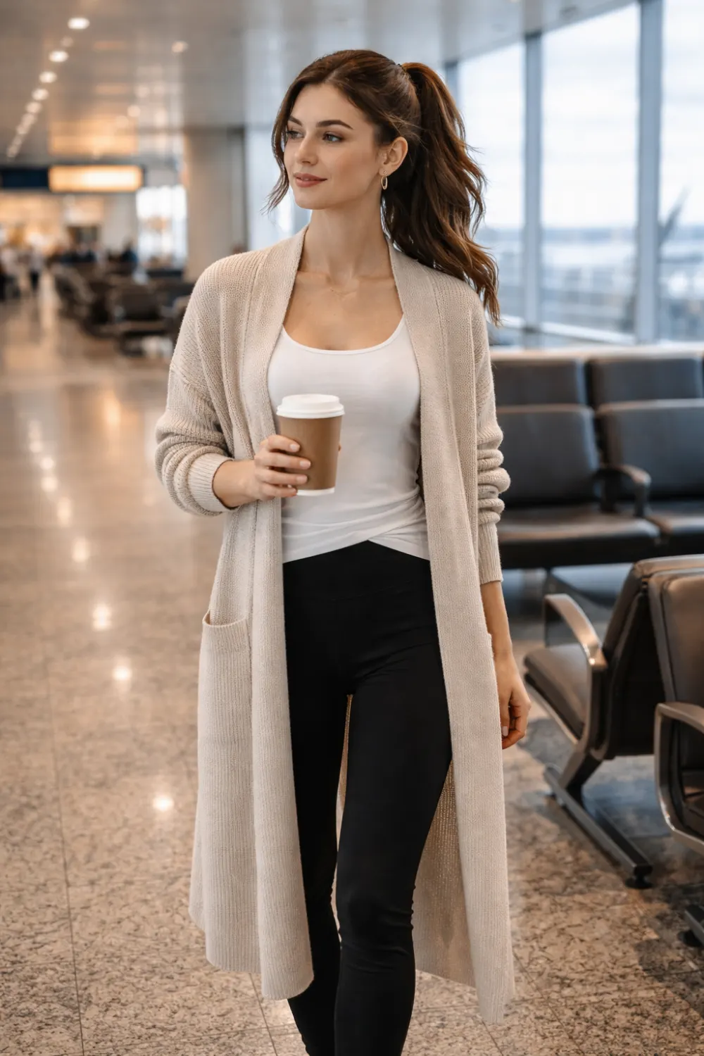 long cardigan and leggings airport outfit idea cozy travel style casual airport fashion look