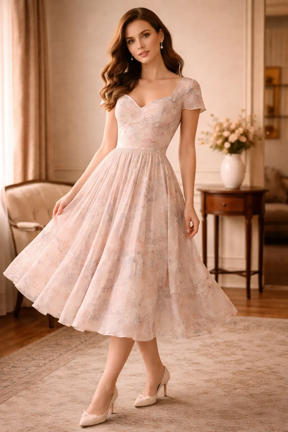 floral tea length dress bridal shower guest outfit classic feminine style