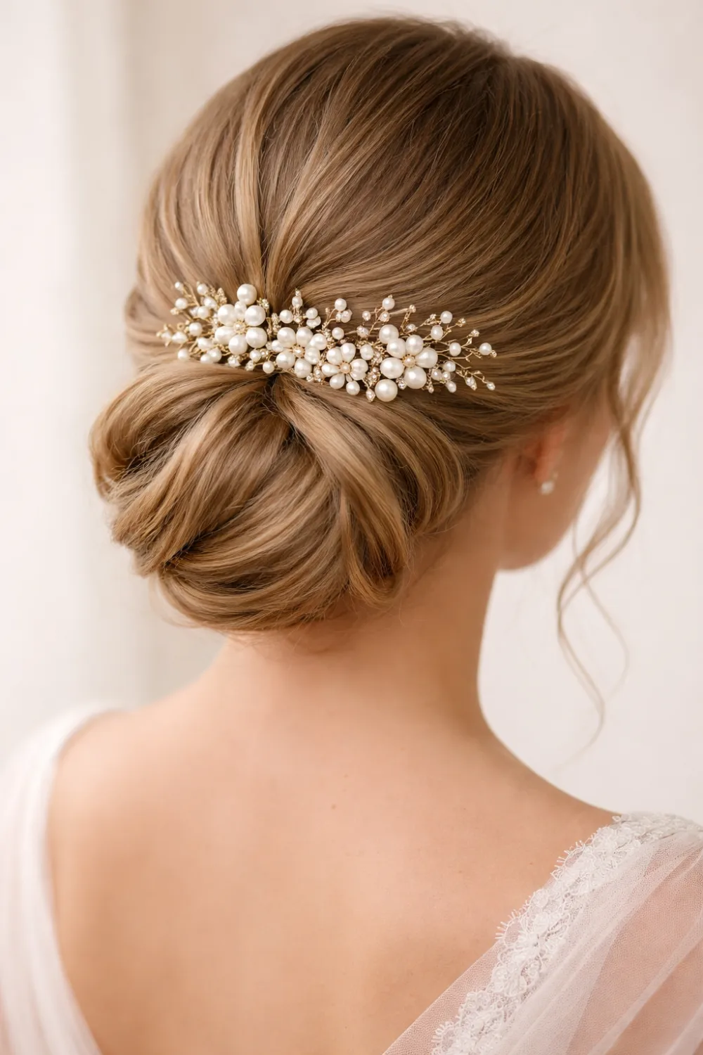 pearl floral hair comb with delicate pearl blossoms styled in elegant bridal low bun classic wedding hairstyle inspiration for brides