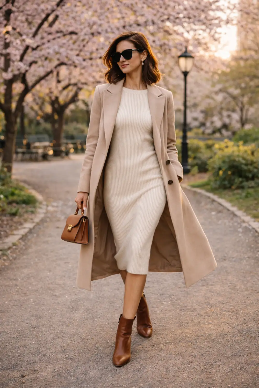 elegant knit midi dress layered with long beige coat and ankle boots stylish cold spring outfit idea feminine layered spring fashion