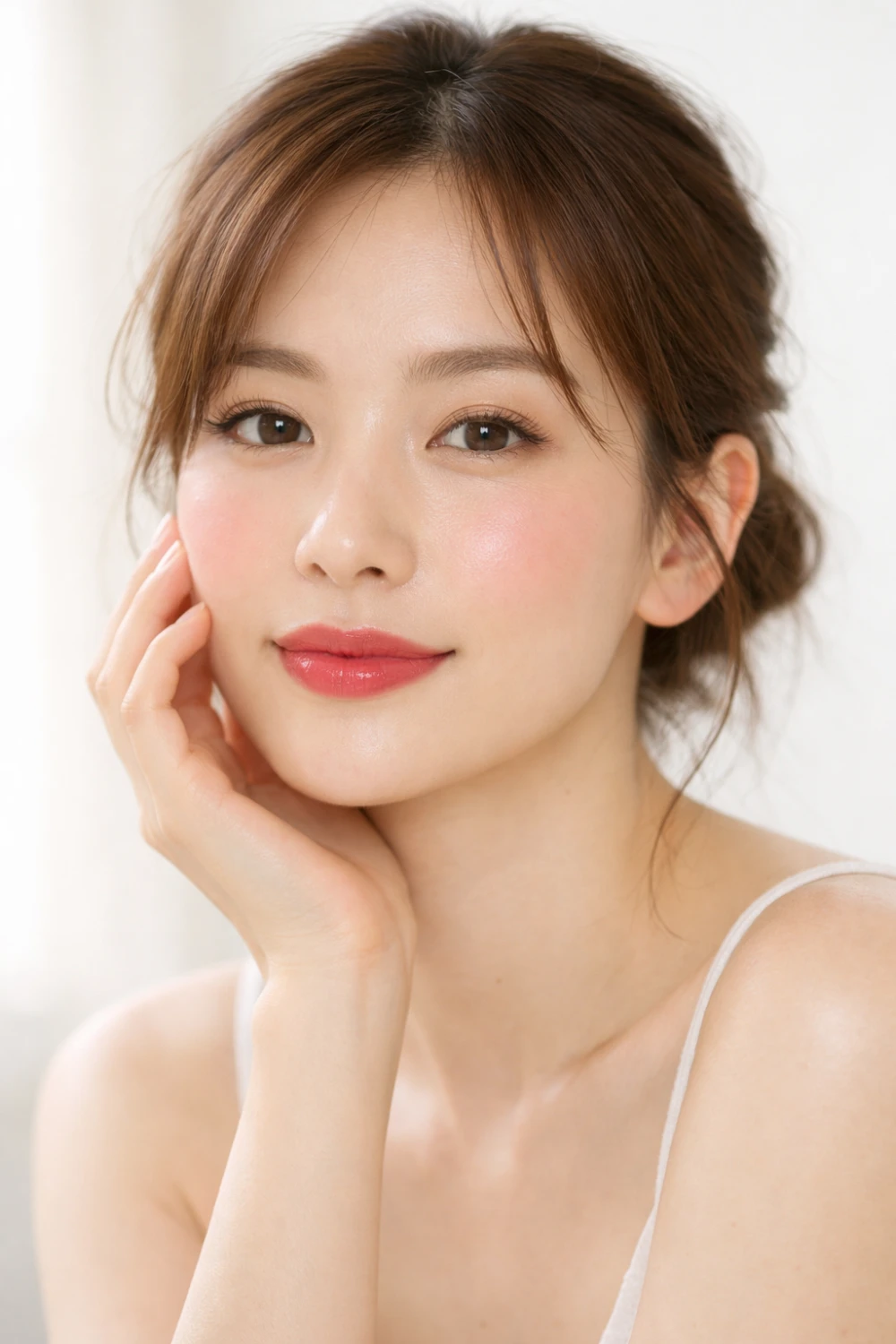 Soft cherry lip tint makeup look with natural glowing skin light blush and minimal eye makeup creating a fresh everyday beauty style perfect for simple makeup inspiration