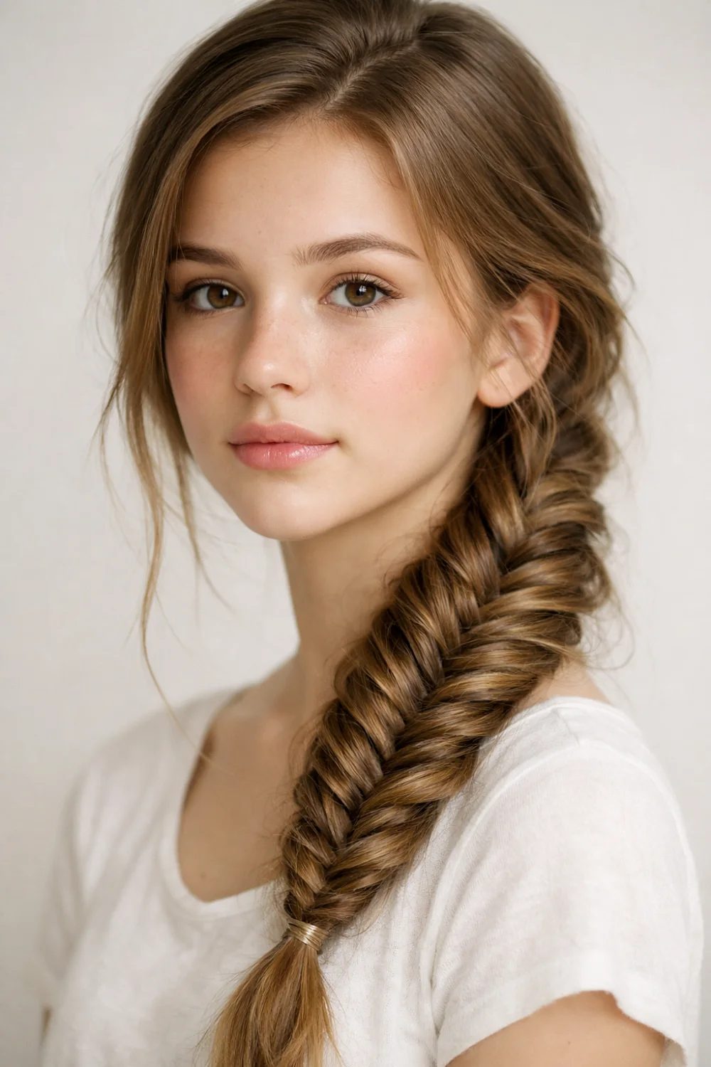 Fishtail side braid hairstyle for school girls with detailed woven braid over the shoulder, elegant cute hairstyle idea that looks stylish and trendy.