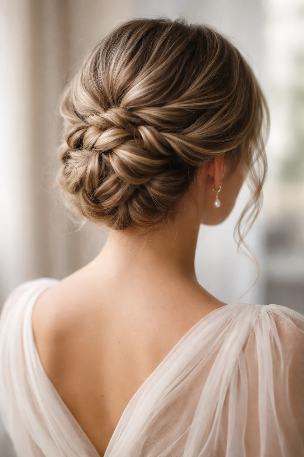 braided elegant low bun wedding updo hairstyle women