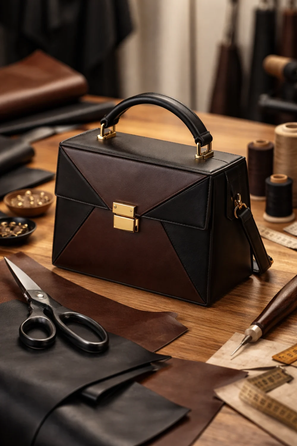 Structured geometric box handbag sewing pattern on a leather crafting workspace with scissors, tools and fabric pieces, modern DIY handbag project for stylish accessories