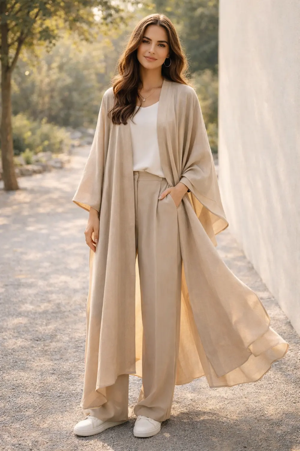 Chic modest outfit featuring a flowing open kimono layered over neutral trousers and a simple top for a modern modest layered fashion look.