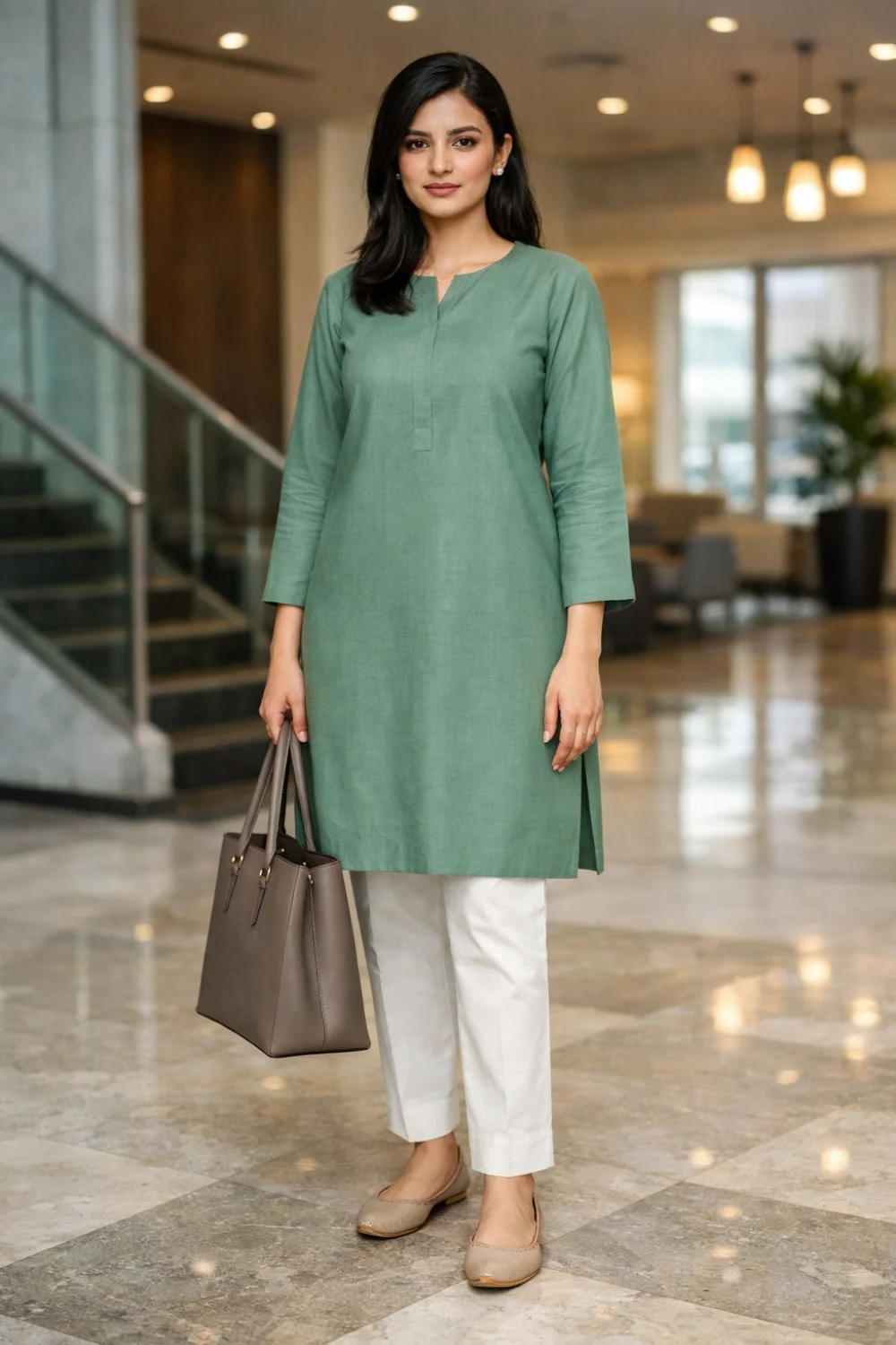 minimal kurta straight pants career fair outfit women modest professional