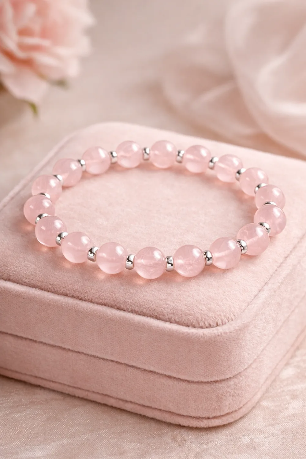 rose quartz bead bracelet feminine pink gemstone bracelet with polished round beads and silver spacers delicate luxury jewelry aesthetic