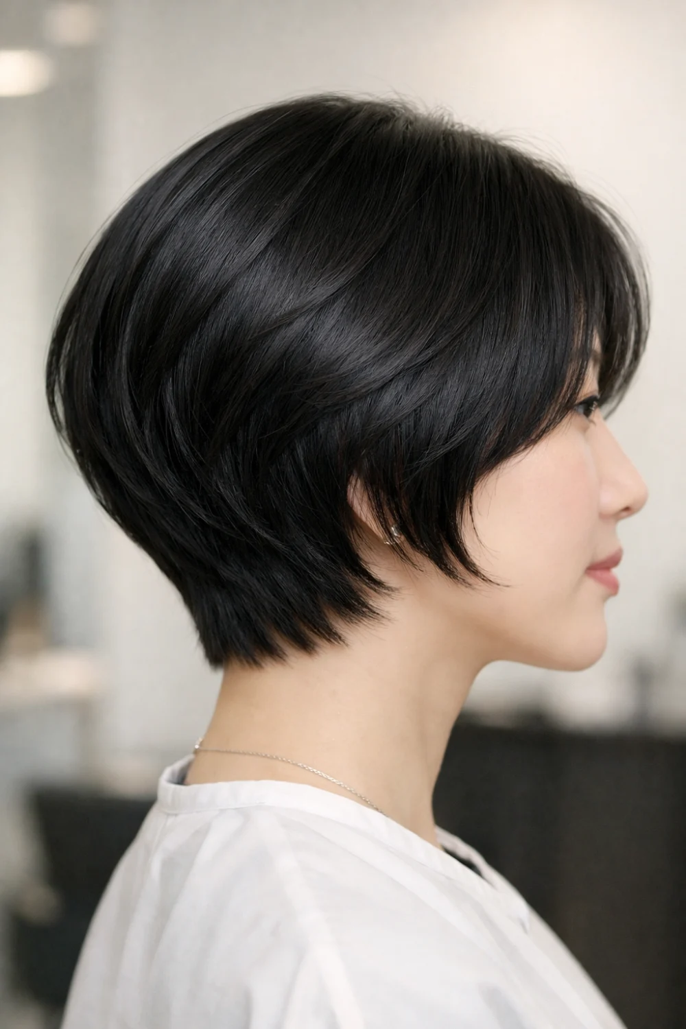 layered pixie bob haircut side view short voluminous hair, stacked short haircut, glossy modern women hairstyle