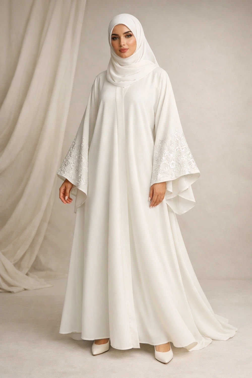 pearl white embroidered sleeve abaya elegant modest fashion outfit classic minimal abaya inspiration