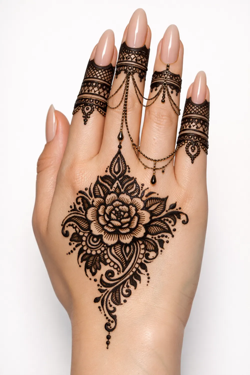 floral hand chain arabic mehndi elegant jewelry mehndi design with fine finger mesh