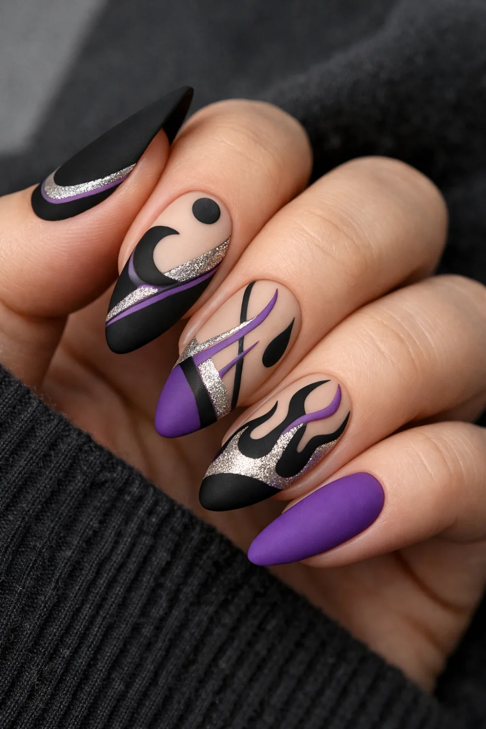 matte black and purple nails with abstract flame nail art and glitter accents edgy dramatic manicure inspiration