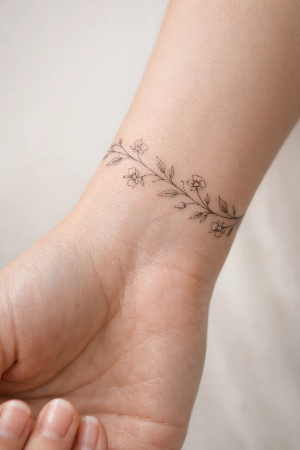 floral vine wrist tattoo wrapping around the wrist like a bracelet, delicate flowers and leaves in fine line style creating feminine botanical tattoo design
