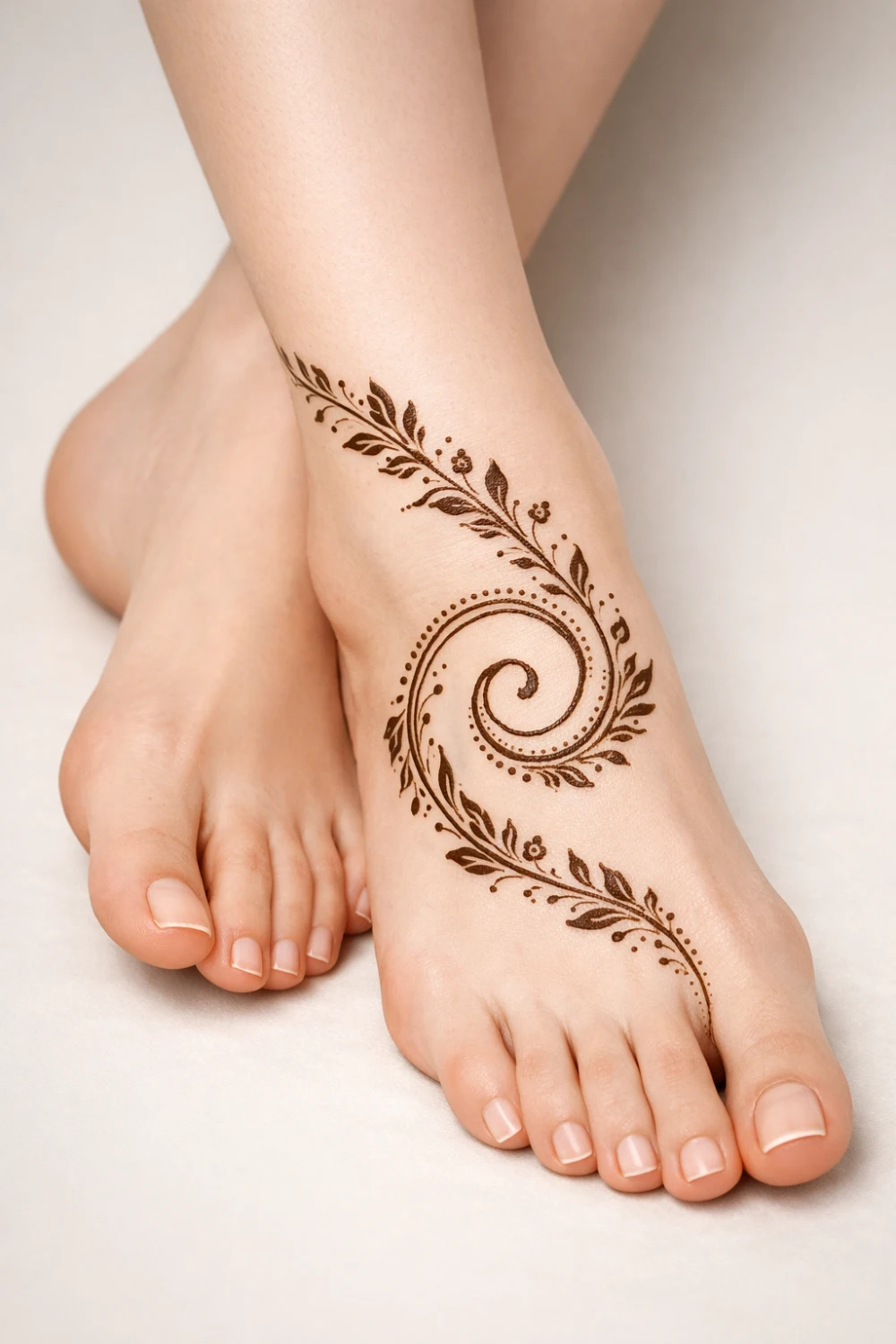 Spiral vine mehndi pattern with leaves on the foot