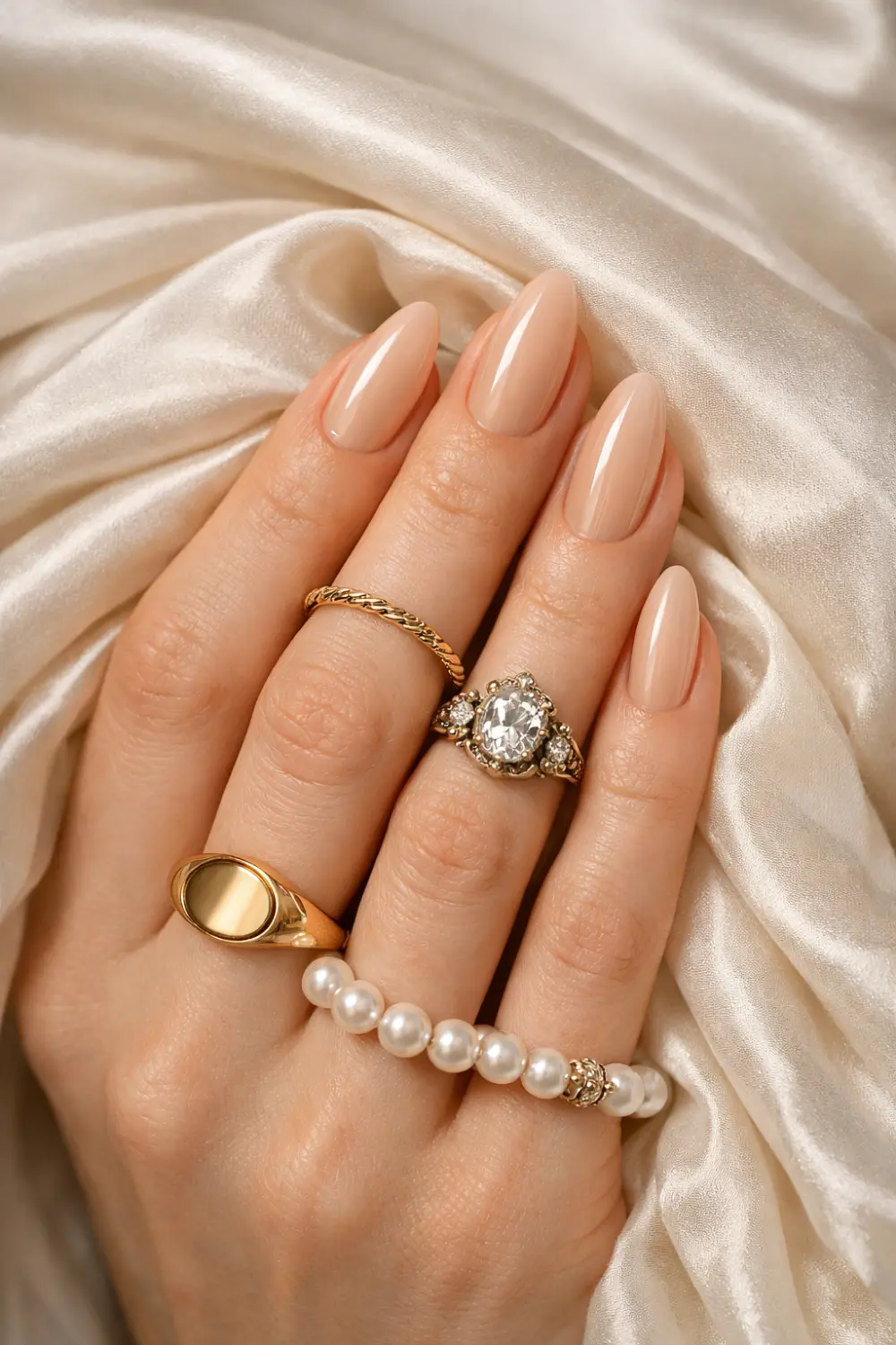 Glossy nude almond nails styled with pearl bracelet and gold rings reflecting a timeless old money nail aesthetic
