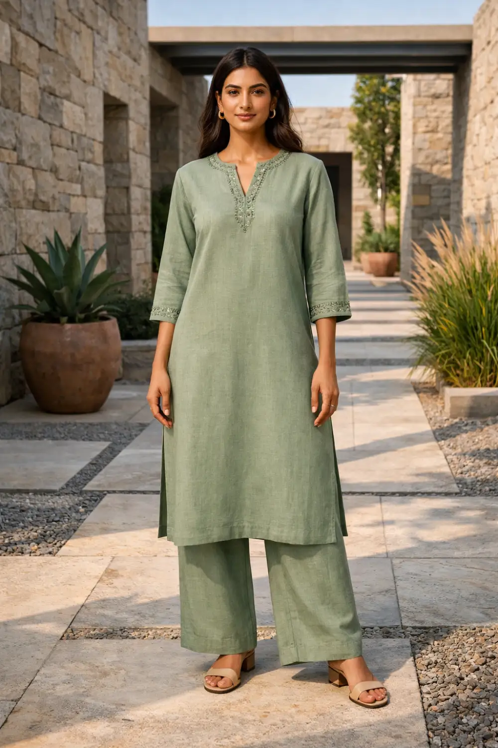 Modern sage green kurta set with wide pants minimalist Indian fashion outfit