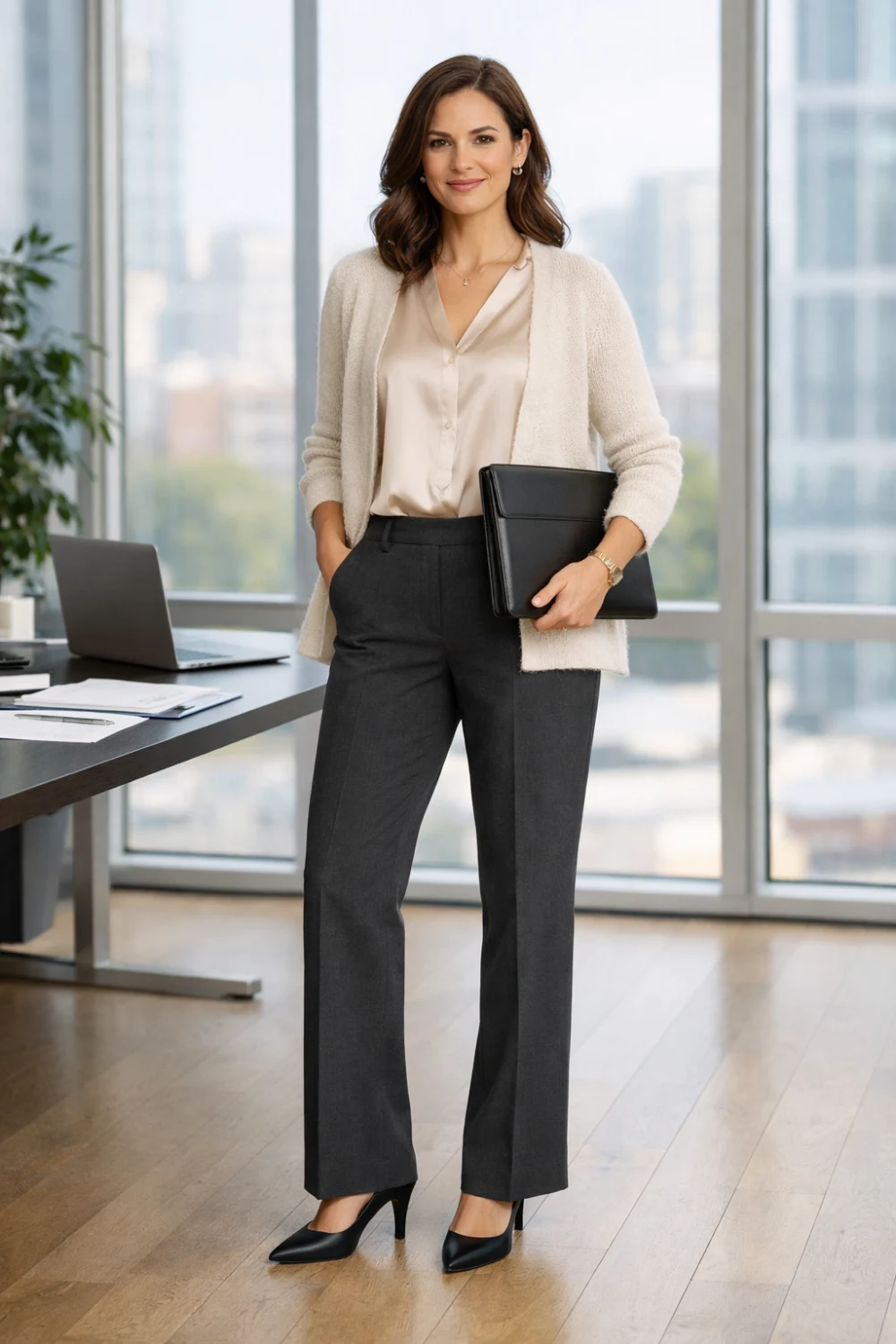 soft cardigan with blouse and tailored trousers professional office outfit women business casual