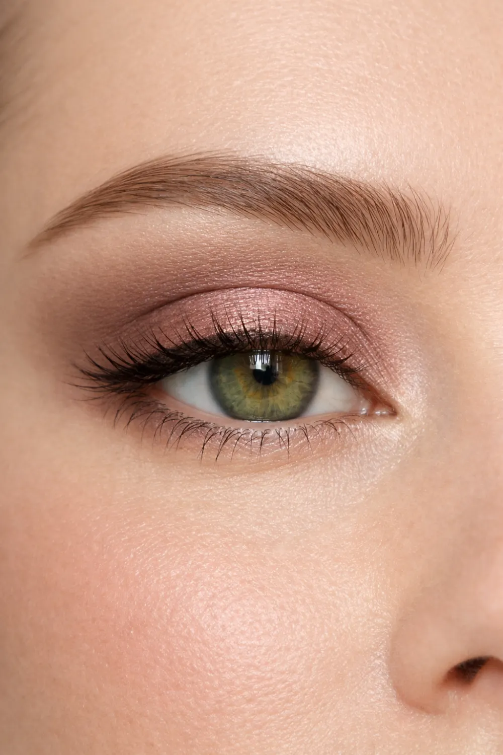 soft rose gold neutral eyeshadow for green eyes with subtle shimmer lid and taupe crease elegant makeup