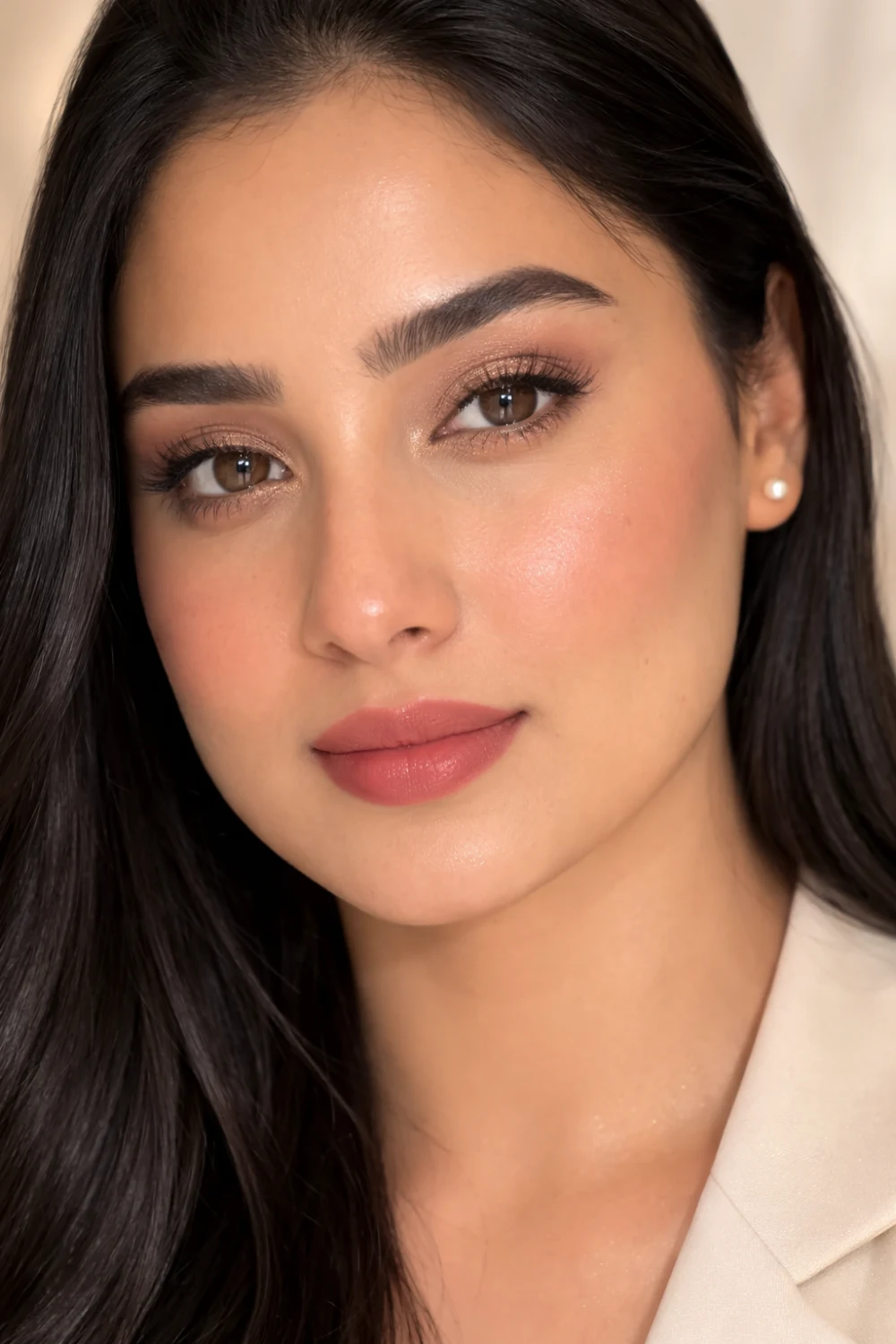 soft glam formal makeup look for work featuring glowing skin foundation, neutral shimmer eyeshadow, defined brows, and rosy nude lipstick for professional office beauty