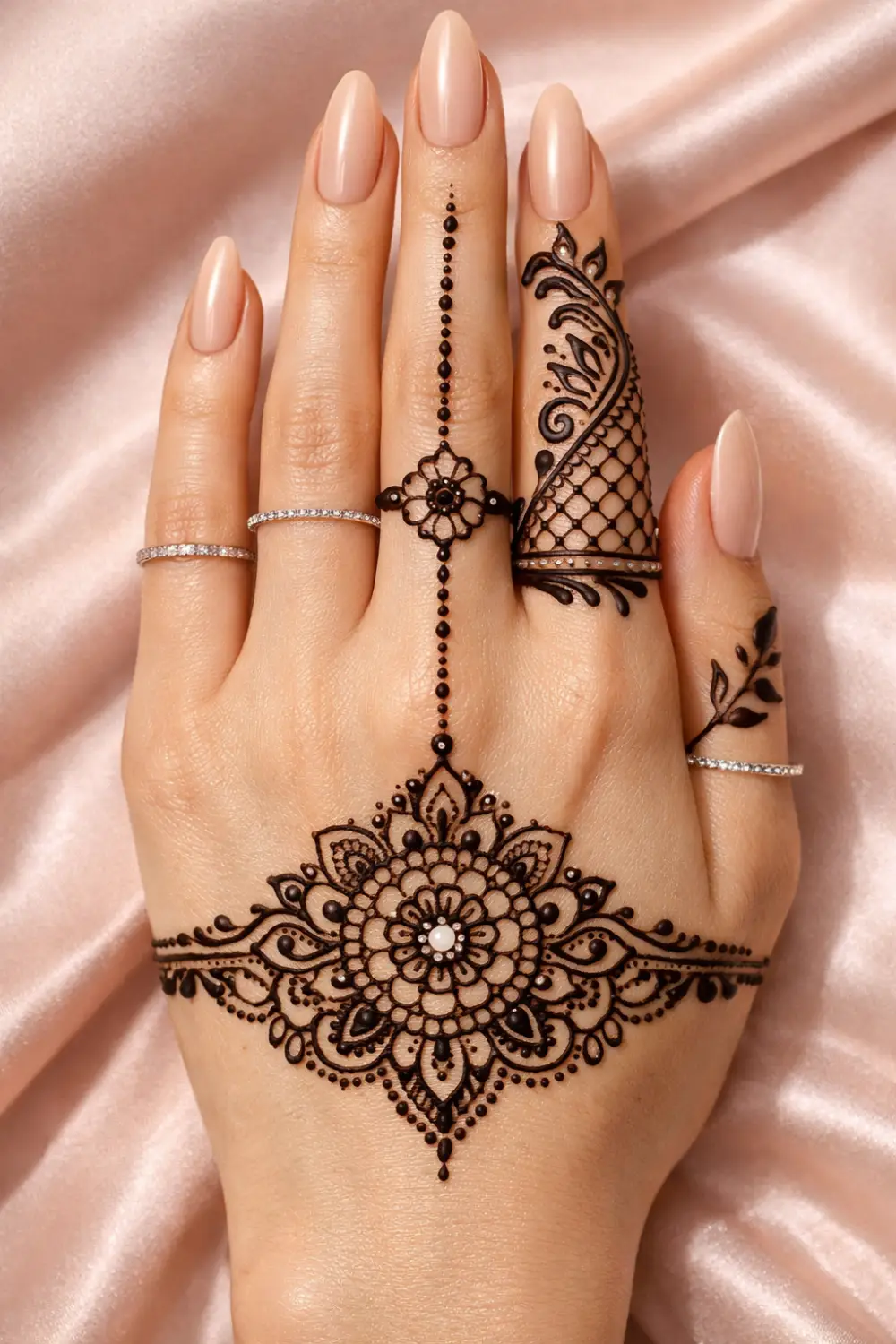 mandala bracelet mehndi design with symmetrical petals dotted chain finger connection elegant henna pattern