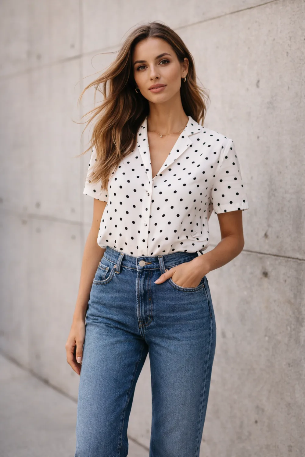 woman wearing white polka dot button up shirt tucked into blue jeans, casual everyday outfit with relaxed modern street style fashion