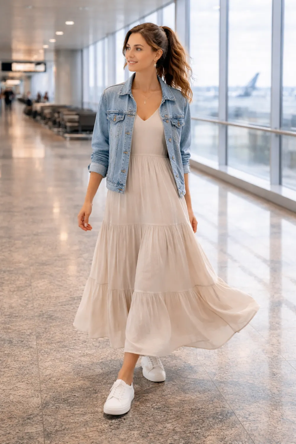 maxi dress and denim jacket airport outfit idea chic travel style feminine airport fashion look