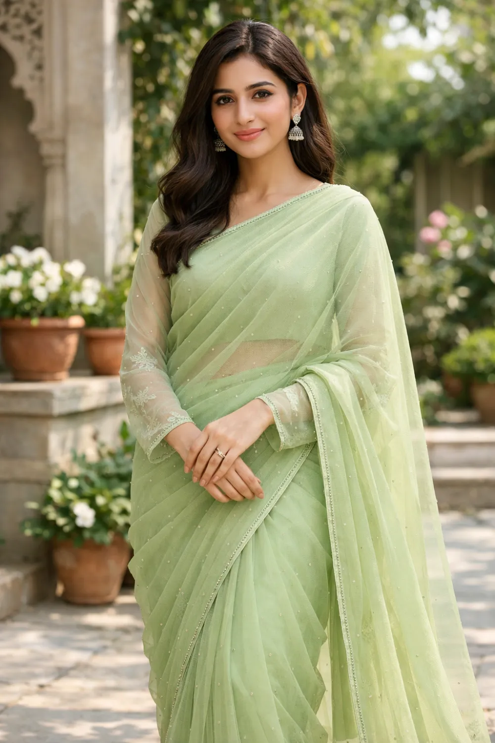 mint green sheer luxury net saree lightweight elegant daytime party wear festive saree style
