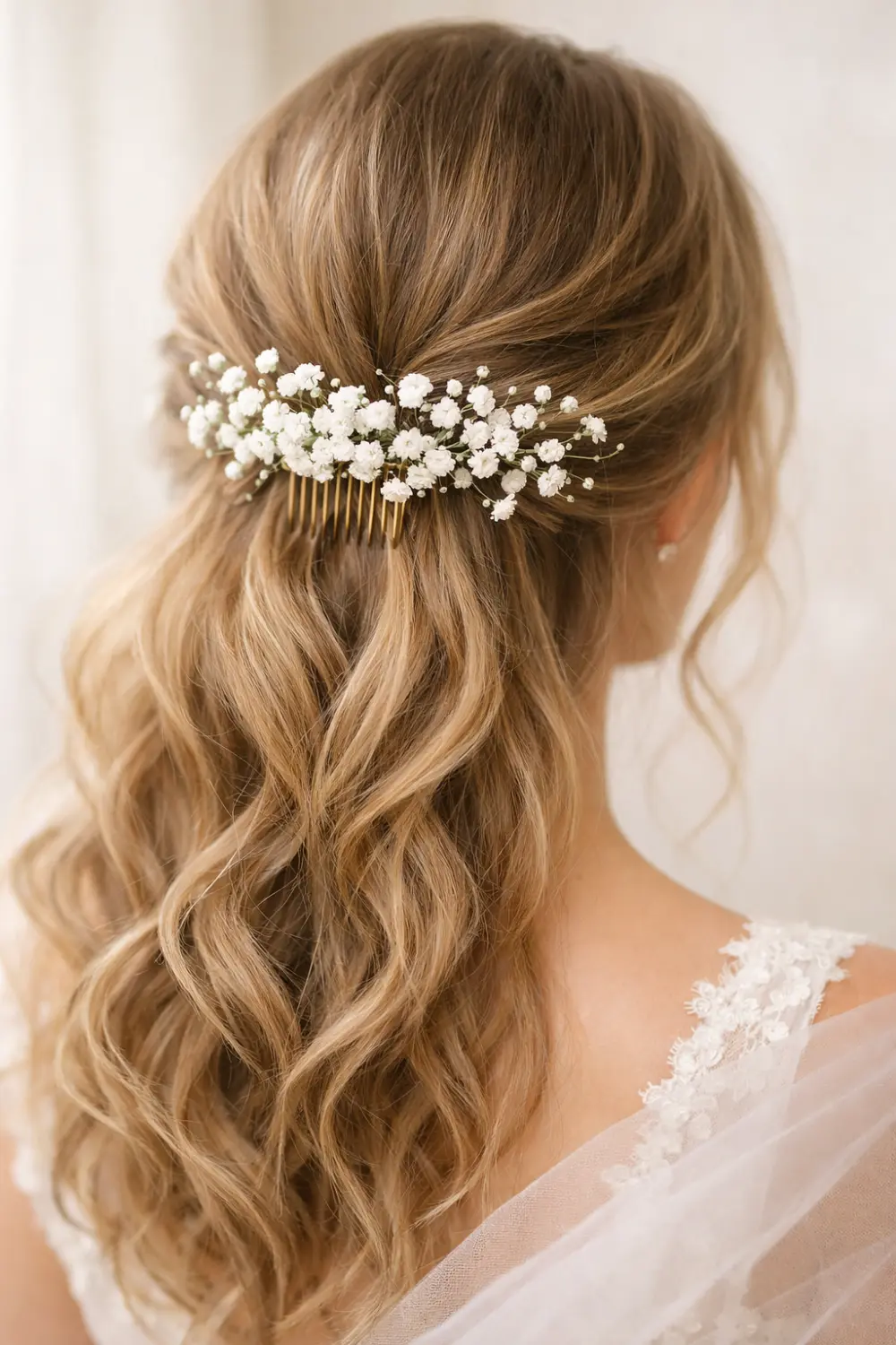 baby breath floral hair comb with tiny white flowers styled in romantic half up wavy bridal hairstyle soft garden wedding hair inspiration