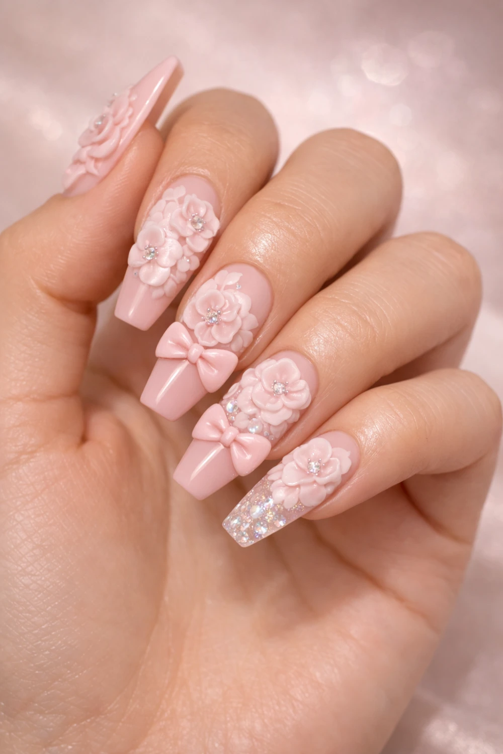 3D floral acrylic nails with soft pink base, sculpted flowers, bows and rhinestone accents creating a romantic glamorous manicure perfect for nail inspiration.