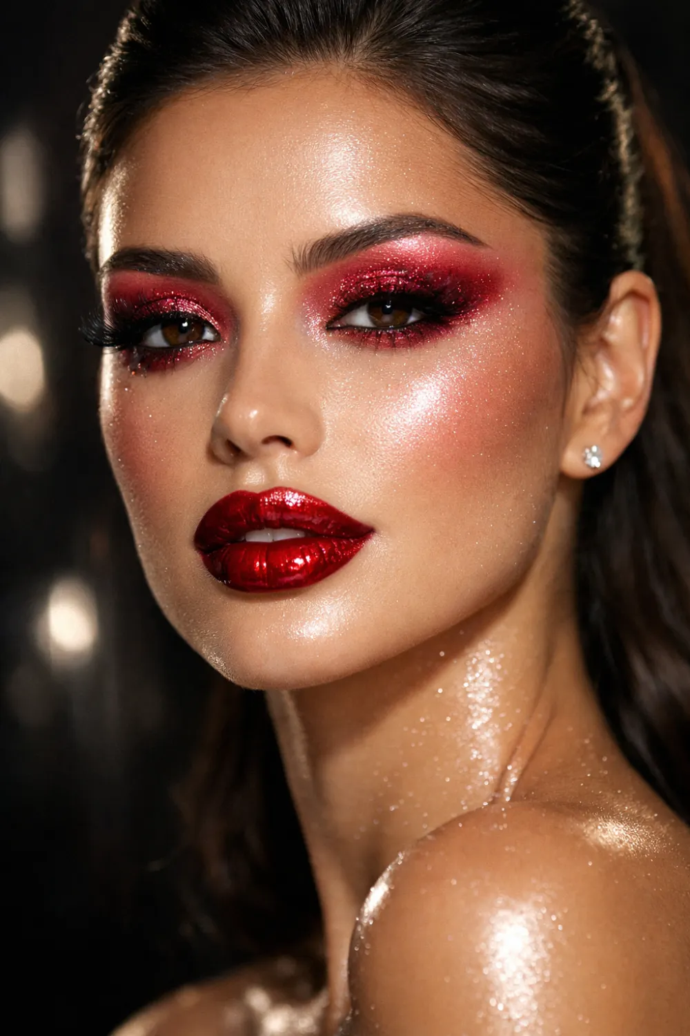 Glitter cherry red glam makeup look with sparkling eyeshadow bold red lips and glowing skin creating a dramatic party beauty style perfect for glam makeup inspiration