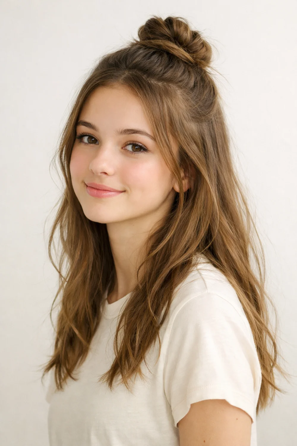 Twisted half up bun hairstyle for school girls with soft waves and small top bun, simple cute hairstyle idea that looks relaxed and trendy.