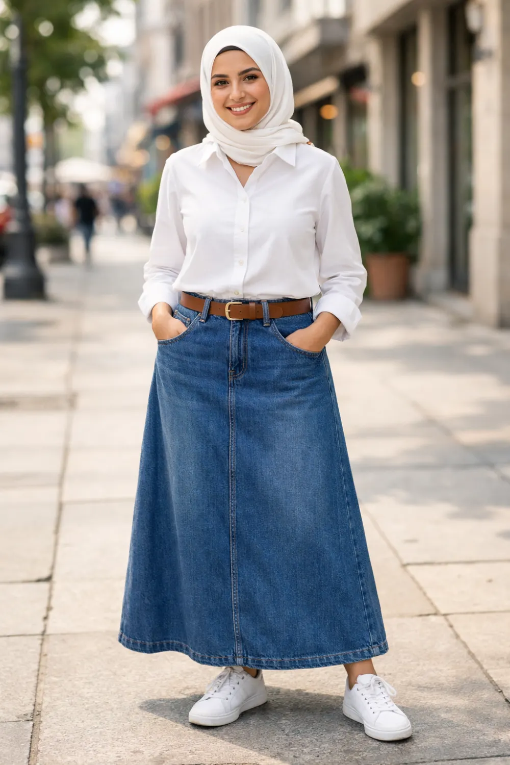 Casual modest outfit featuring a long denim skirt paired with a white button up shirt and sneakers for a comfortable everyday modest style.