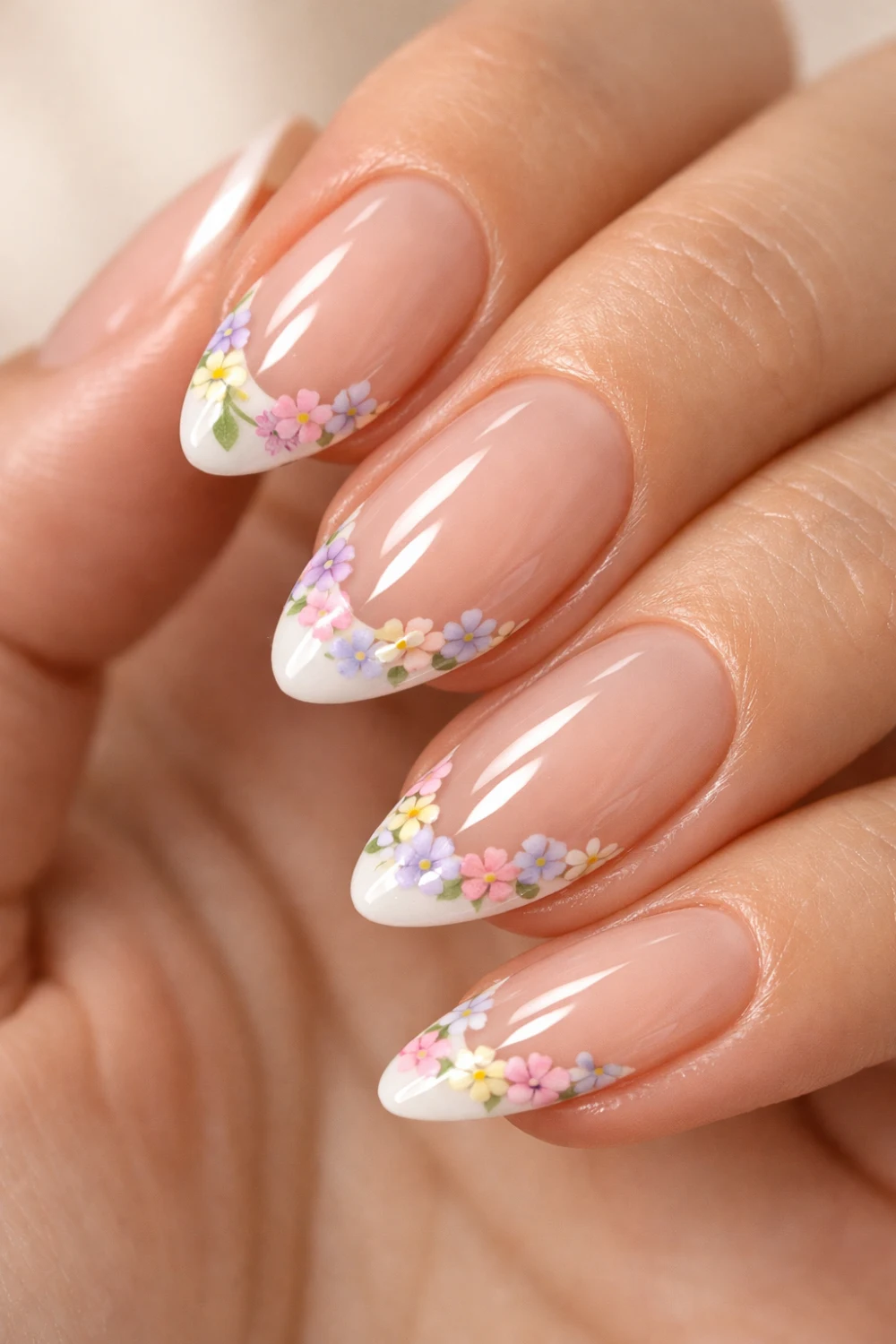 floral french tip almond nails pastel flower nail art