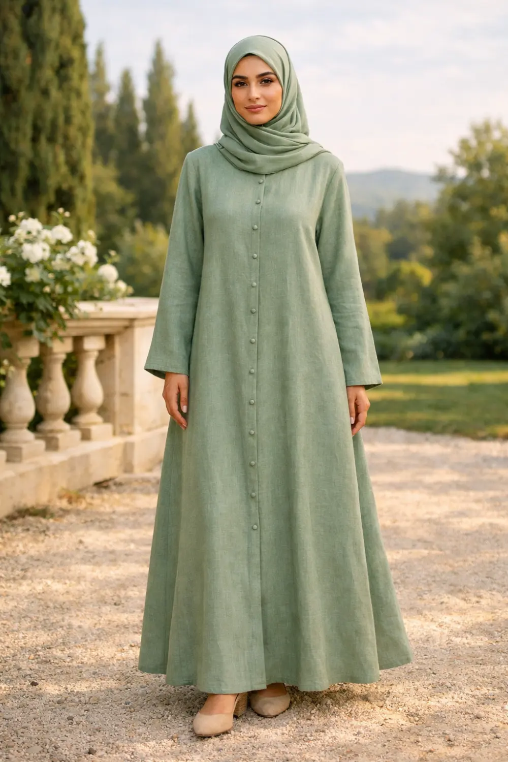 sage green button front abaya modest linen abaya elegant minimalist modest fashion outfit inspiration