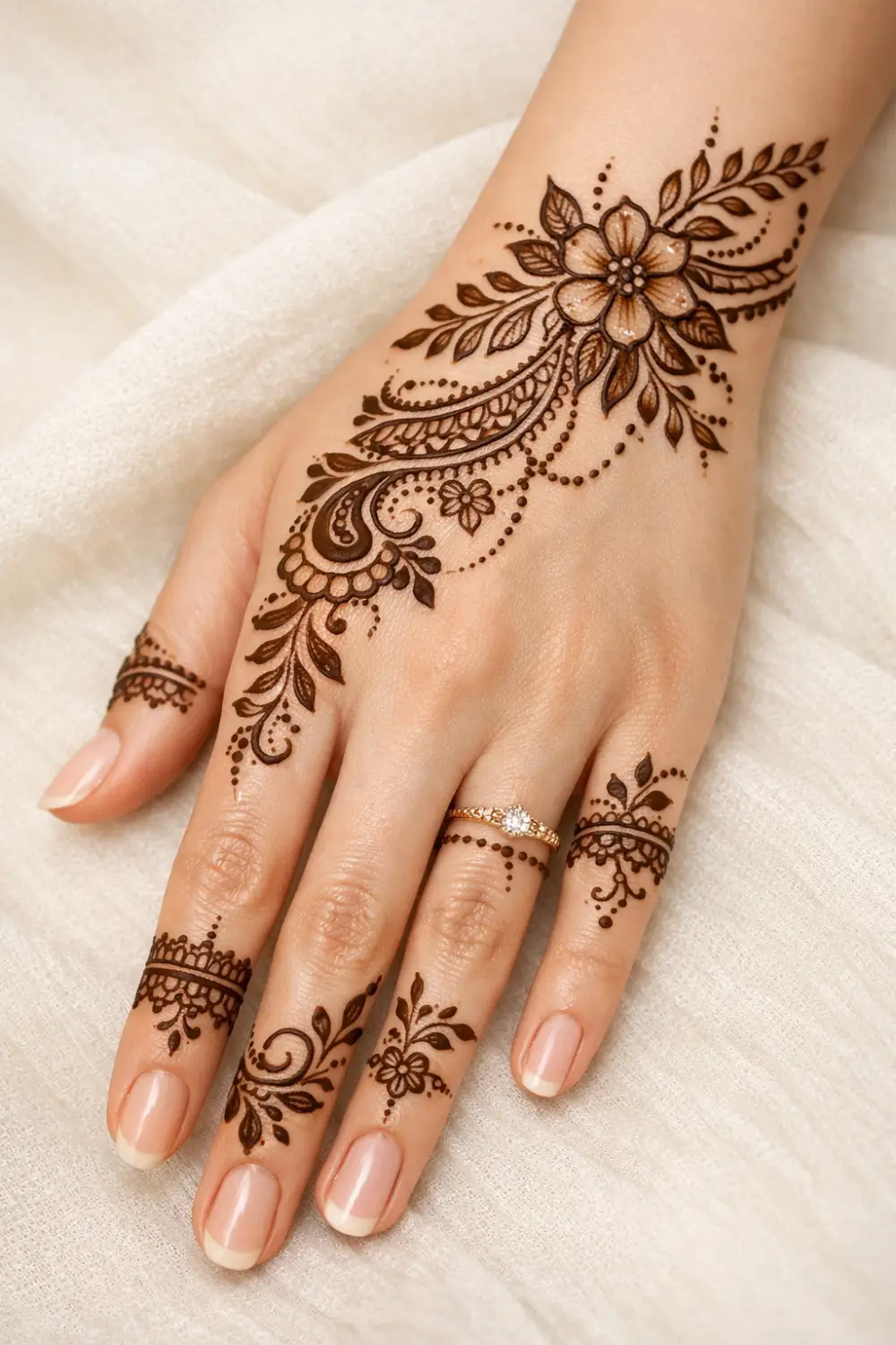 soft floral side sweep arabic mehndi simple elegant back hand mehndi with light finger detail