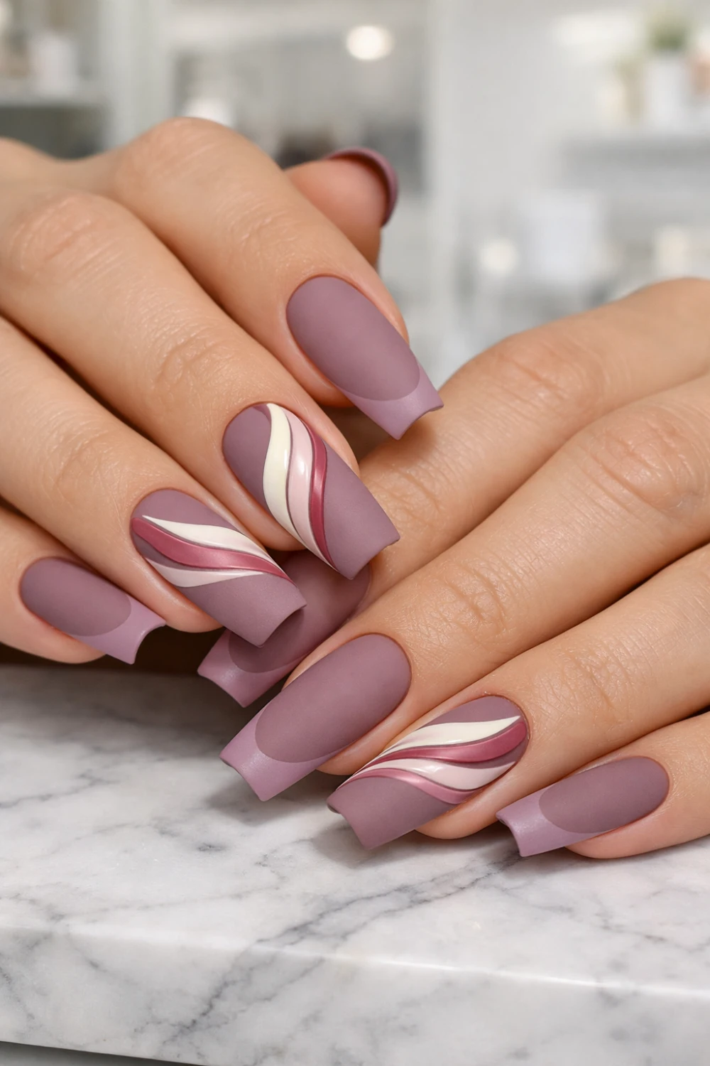 matte mauve nails with ribbon swirl nail art design elegant almond manicure inspiration for modern matte nail styles