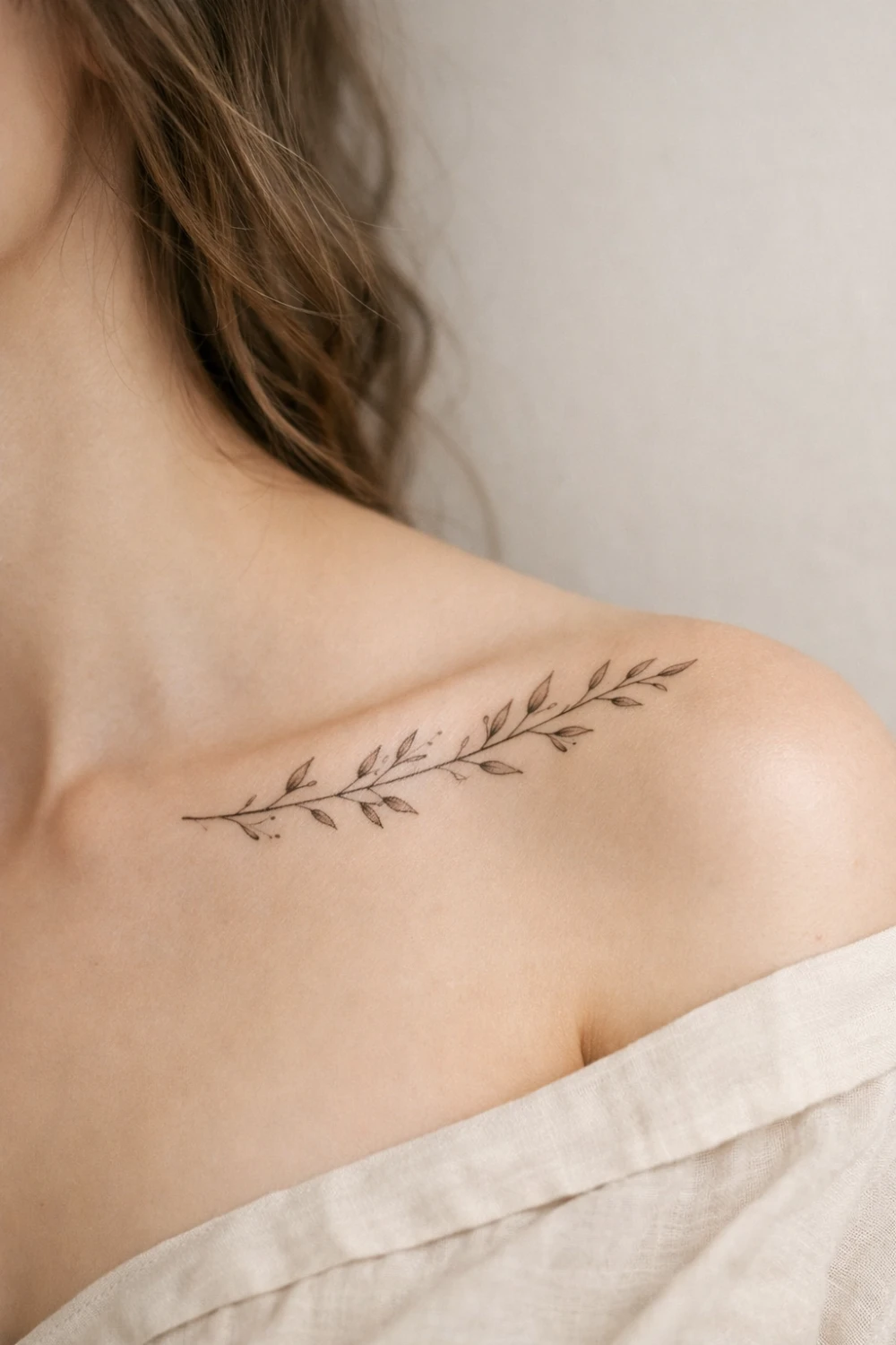 botanical vine tattoo placed along the collarbone with delicate leaves and fine line details, elegant minimalist tattoo design inspired by nature and growth