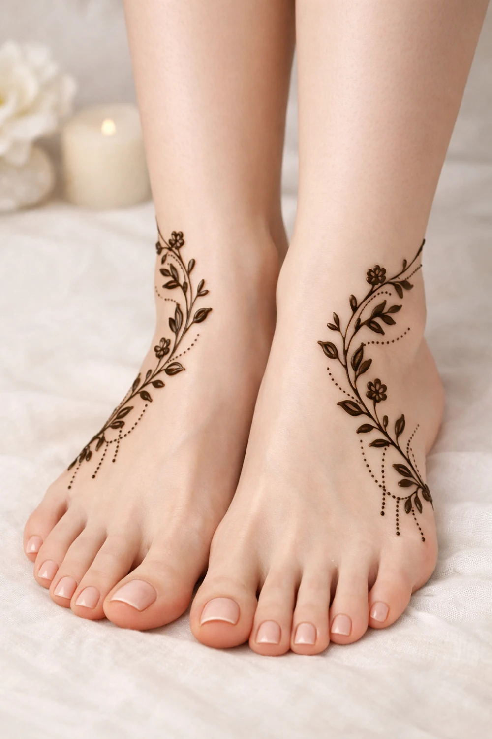 Matching floral mehndi designs on both feet