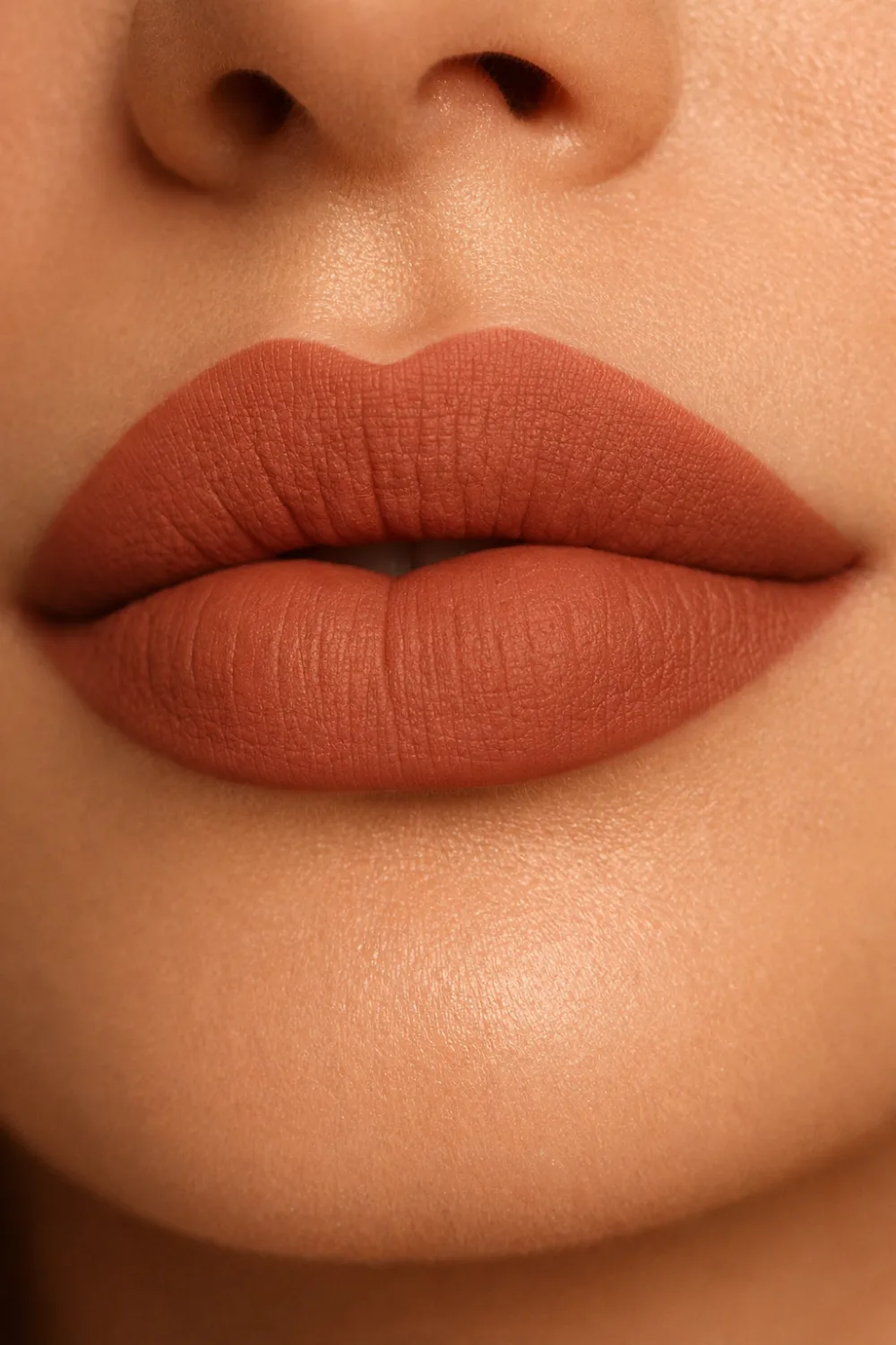 Warm terracotta lipstick shade matte lips earthy makeup