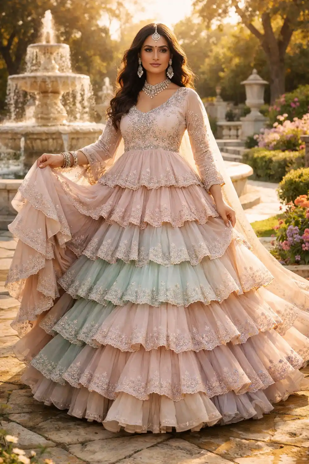 Tiered ruffle Anarkali dress with layered pastel fabric elegant festive outfit