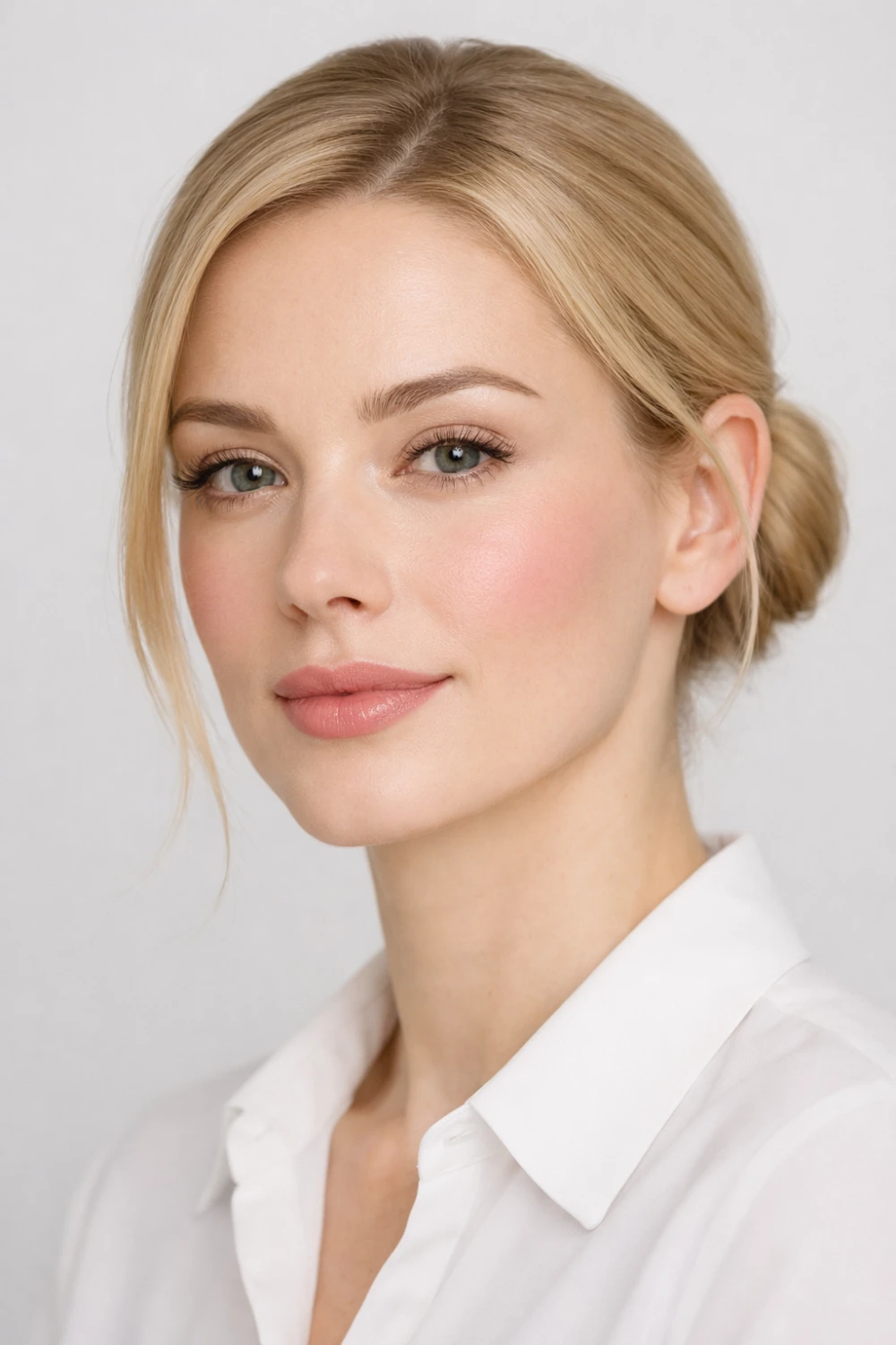 minimal clean formal makeup look for office featuring natural foundation, soft eye makeup, subtle blush, and pink nude lipstick